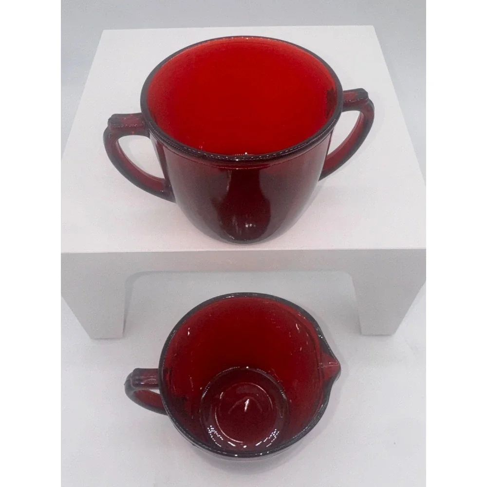 Vintage Ruby Red Glass Creamer and Sugar Bowl Set Double Handle 3 inch T